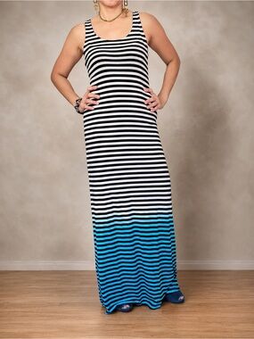 Soprano Black White Striped Blue Ombre Maxi Dress Sleeveless Size S